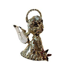 Red Clear Rhinestone Angel Brooch Vintage Unsigned Goldtone Pin Enamel Wings